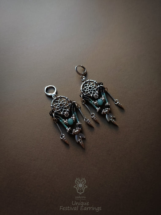 New Native American macrame earrings with dangling elements, Dreamcatcher earrings