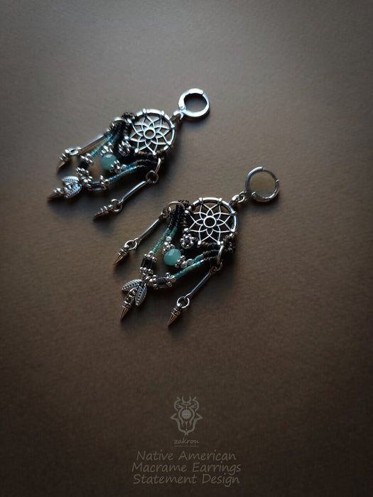 Native American macrame earrings with dangling elements, Dreamcatcher earrings