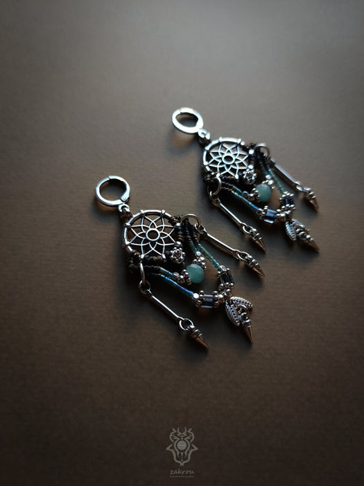 Native American macrame earrings with dangling elements, Dreamcatcher earrings