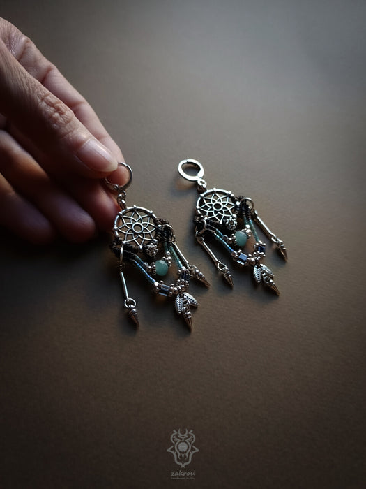 Native American macrame earrings with dangling elements, Dreamcatcher earrings