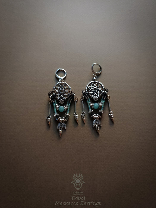 Native American macrame earrings with dangling elements, Dreamcatcher earrings