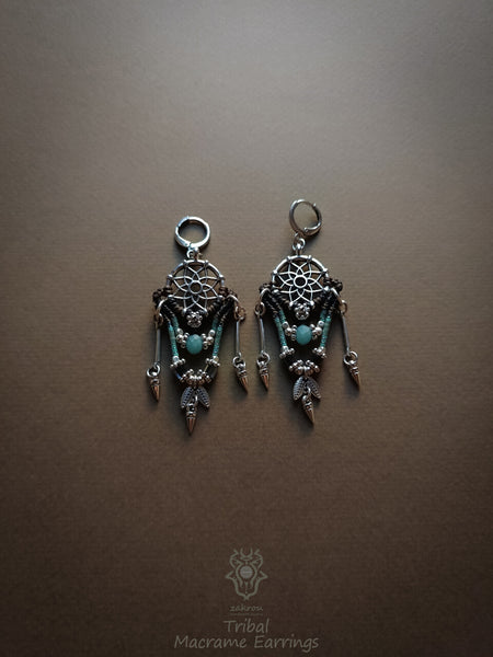 Native American macrame earrings with dangling elements, Dreamcatcher earrings