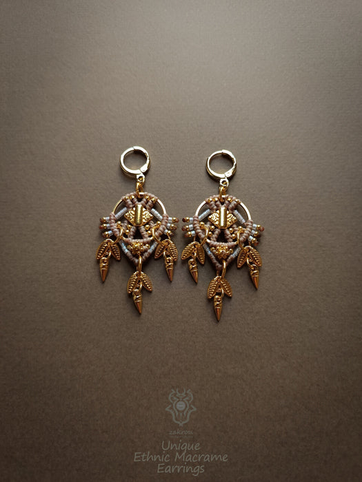 Tribal macrame earrings with dangling elements, Elegant earrings native style