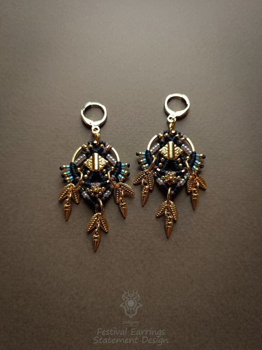 Festival beaded macrame earrings, Tribal chic dangle earrings