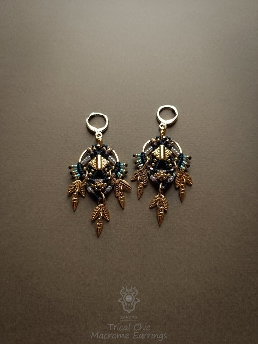 Festival beaded macrame earrings, Tribal chic dangle earrings