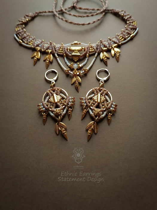 Tribal macrame earrings with dangling elements, New elegant earrings native style