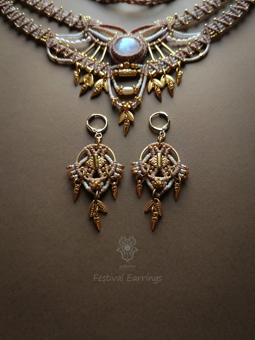 Tribal macrame earrings with dangling elements, New elegant earrings native style