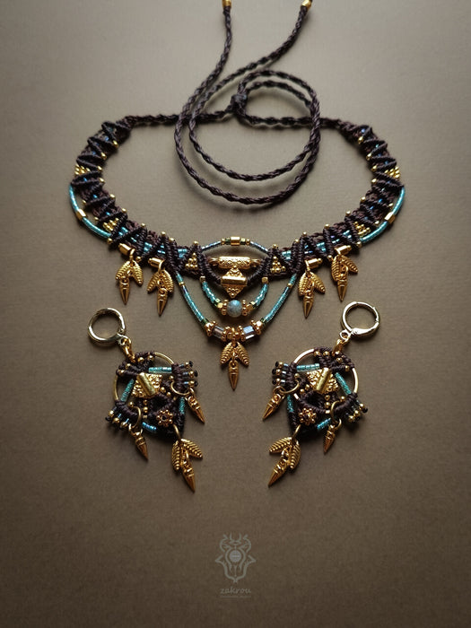 Tribal macrame jewelry set, Macrame choker & earrings