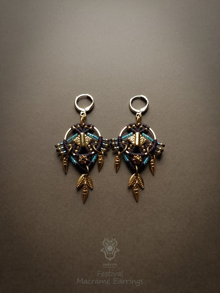 Festival beaded macrame earrings, Tribal chic dangle earrings