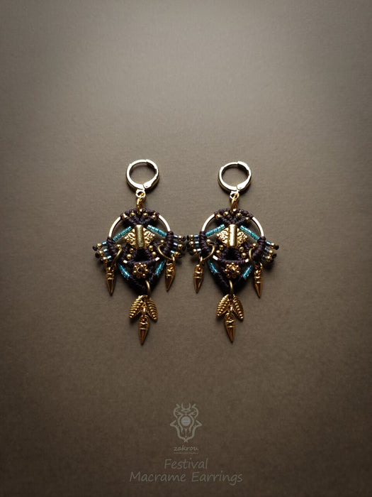 Festival beaded macrame earrings, Tribal chic dangle earrings