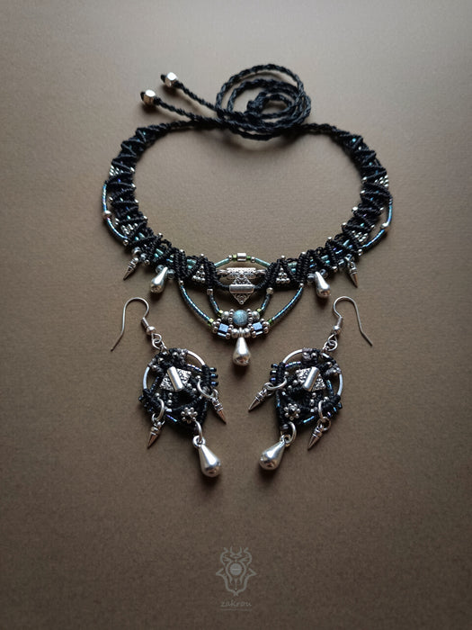 Bohemian macrame earrings with drops, Macrame choker necklace