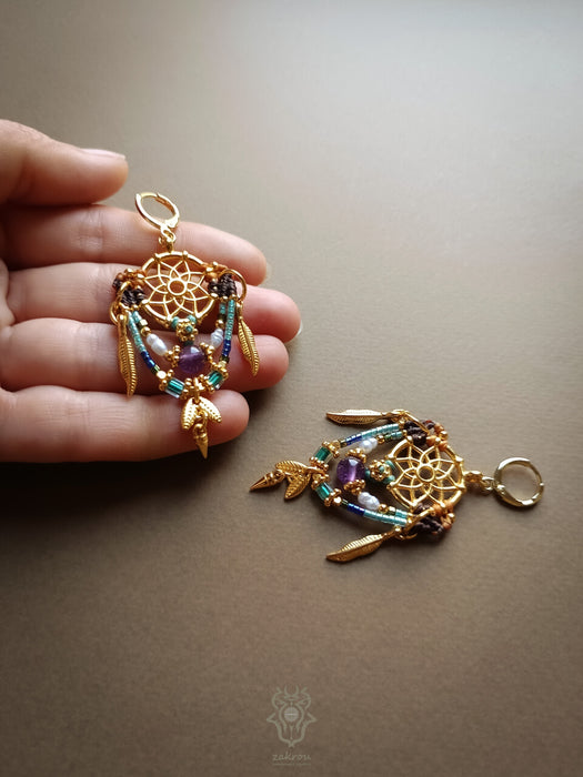 Dreamcatcher macrame earrings with Amethyst & cultured pearls, Bohemian earrings