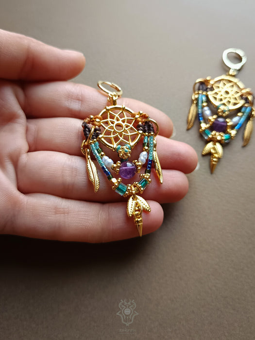 Dreamcatcher macrame earrings with Amethyst & cultured pearls, Bohemian earrings