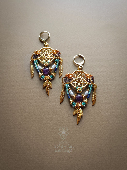 Dreamcatcher macrame earrings with Amethyst & cultured pearls, Bohemian earrings