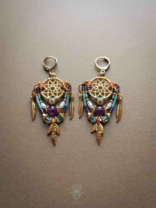 Dreamcatcher macrame earrings with Amethyst & cultured pearls, Bohemian earrings