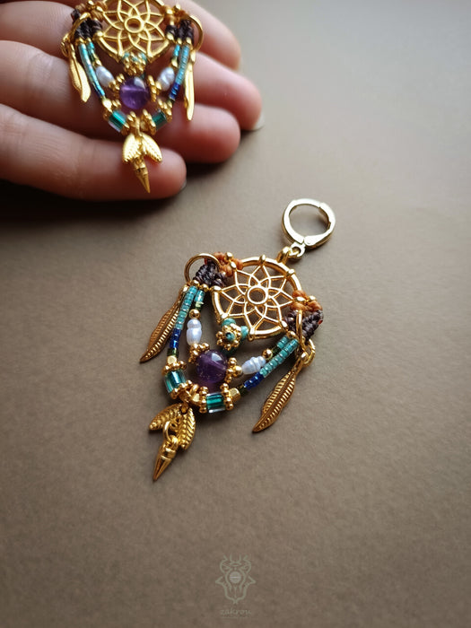 Dreamcatcher macrame earrings with Amethyst & cultured pearls, Bohemian earrings