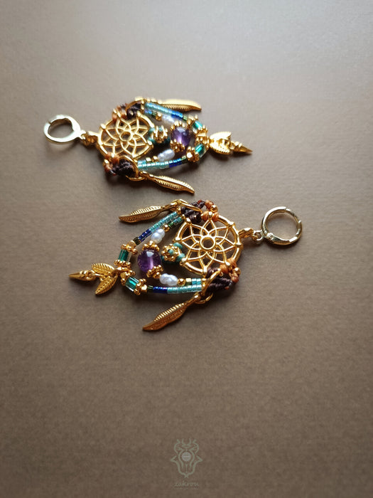 Dreamcatcher macrame earrings with Amethyst & cultured pearls, Bohemian earrings