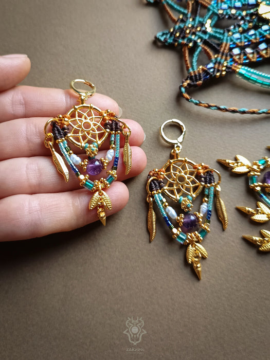 Dreamcatcher macrame earrings with Amethyst & cultured pearls, Bohemian earrings