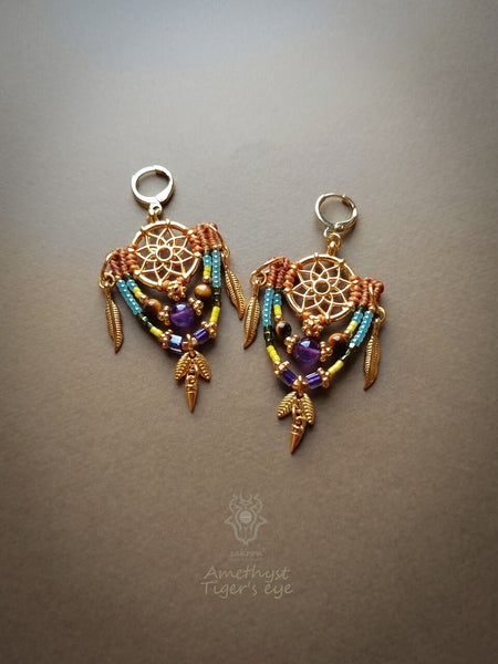 Bohemian macrame earrings with Amethyst & Tiger's eye pearls, Dreamcatcher earrings