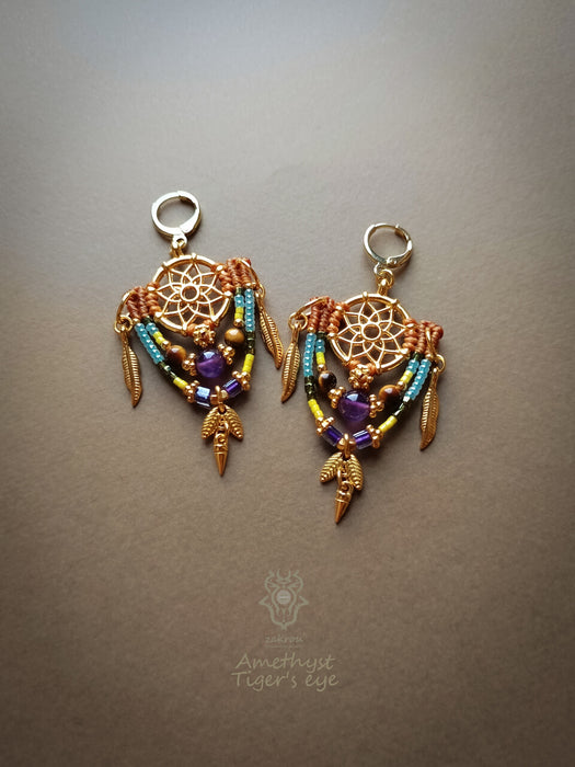 Bohemian macrame earrings with Amethyst & Tiger's eye pearls, Dreamcatcher earrings