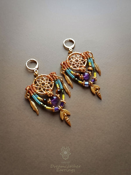 Bohemian macrame earrings with Amethyst & Tiger's eye pearls, Dreamcatcher earrings