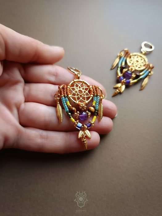Bohemian macrame earrings with Amethyst & Tiger's eye pearls, Dreamcatcher earrings