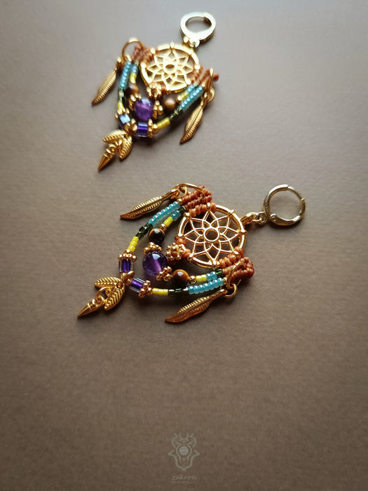 Bohemian macrame earrings with Amethyst & Tiger's eye pearls, Dreamcatcher earrings
