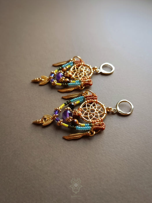 Bohemian macrame earrings with Amethyst & Tiger's eye pearls, Dreamcatcher earrings