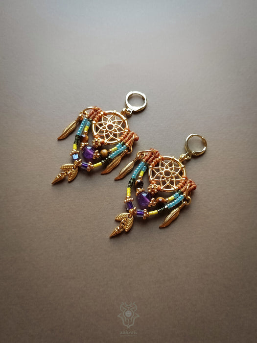 Bohemian macrame earrings with Amethyst & Tiger's eye pearls, Dreamcatcher earrings