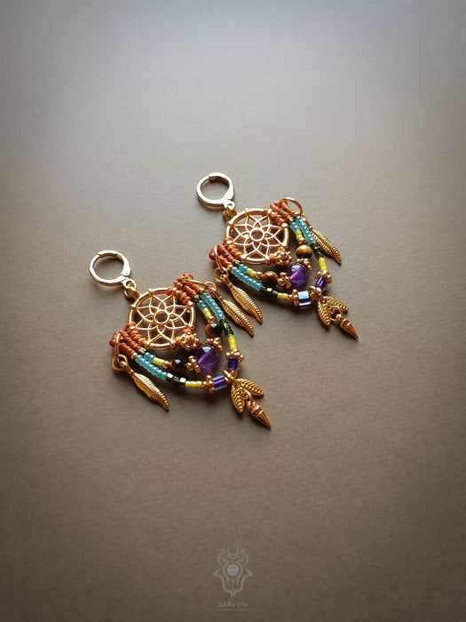 Bohemian macrame earrings with Amethyst & Tiger's eye pearls, Dreamcatcher earrings
