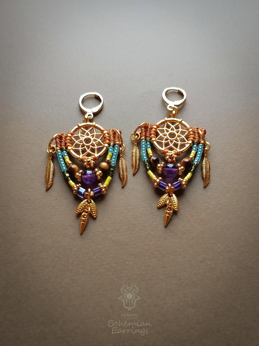 Bohemian macrame earrings with Amethyst & Tiger's eye pearls, Dreamcatcher earrings
