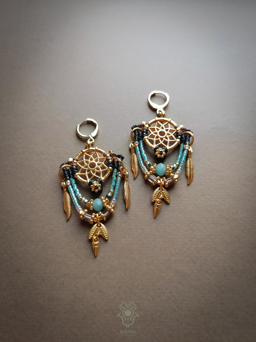 Bohemian earrings with beads & golden details, Dreamcatcher earrings