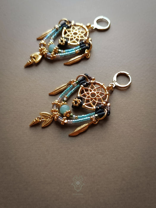 Bohemian earrings with beads & golden details, Dreamcatcher earrings