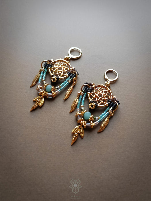 Bohemian earrings with beads & golden details, Dreamcatcher earrings
