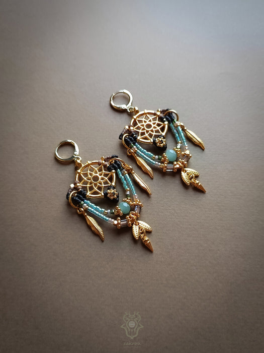 Bohemian earrings with beads & golden details, Dreamcatcher earrings