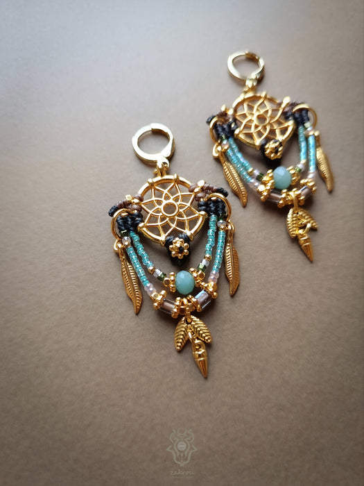 Bohemian earrings with beads & golden details, Dreamcatcher earrings