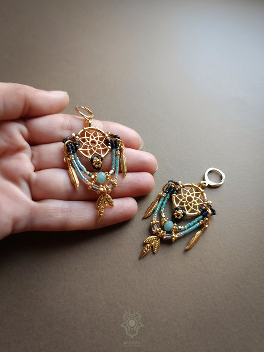 Bohemian earrings with beads & golden details, Dreamcatcher earrings