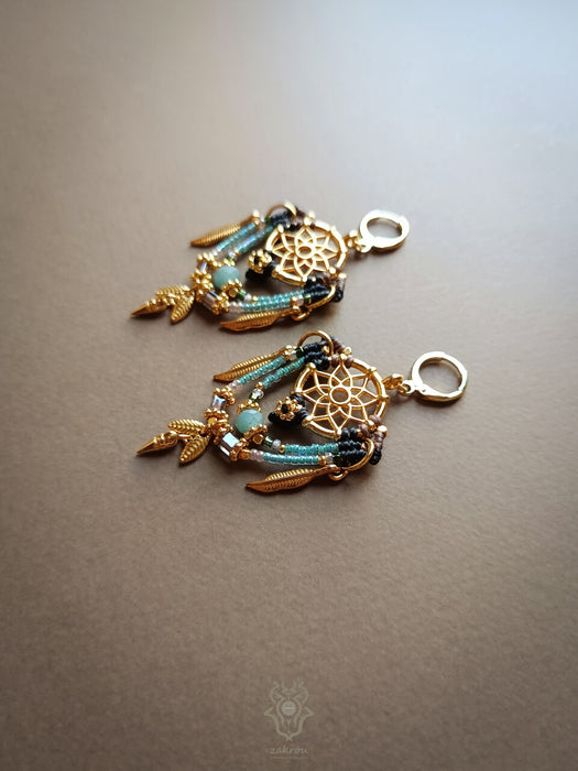 Bohemian earrings with beads & golden details, Dreamcatcher earrings