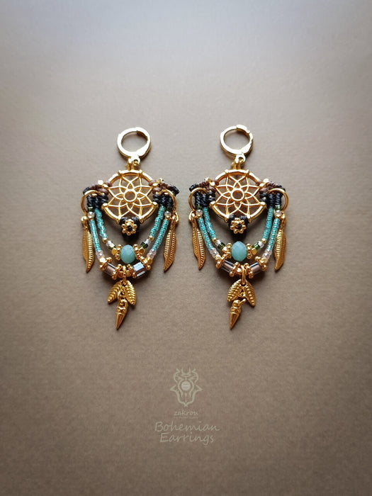 Bohemian earrings with beads & golden details, Dreamcatcher earrings
