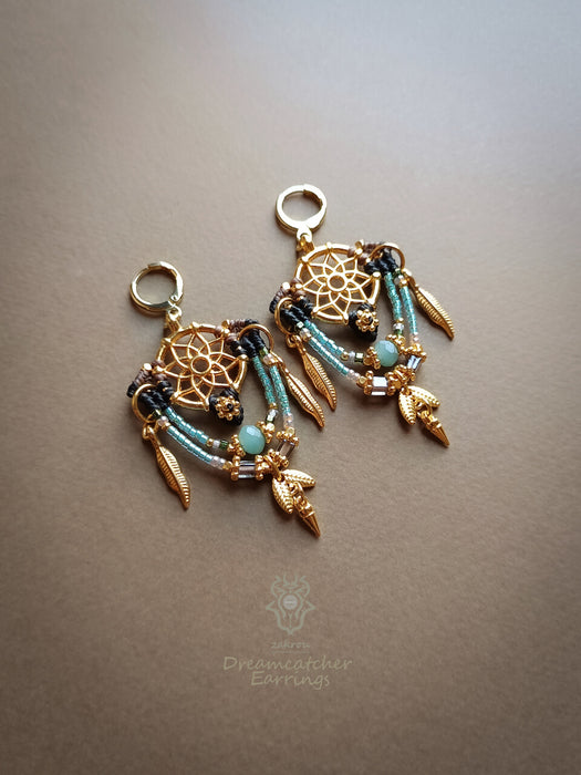 Bohemian earrings with beads & golden details, Dreamcatcher earrings