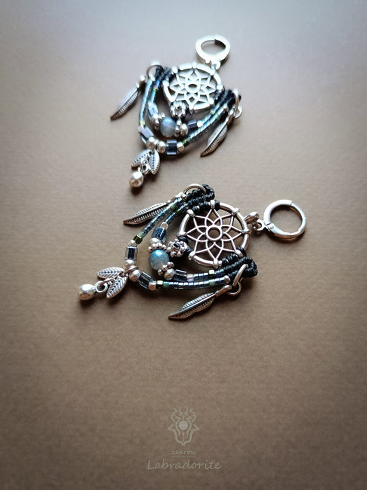 Bohemian earrings with Labradorite pearl & silver details, Dreamcatcher earrings
