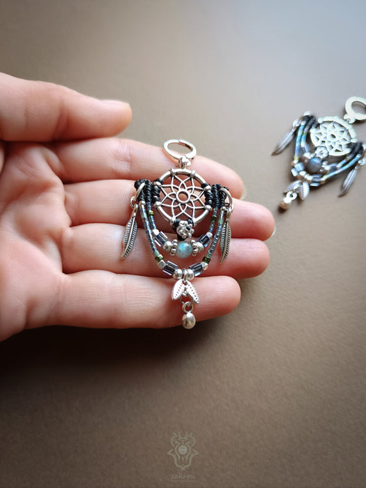 Bohemian earrings with Labradorite pearl & silver details, Dreamcatcher earrings
