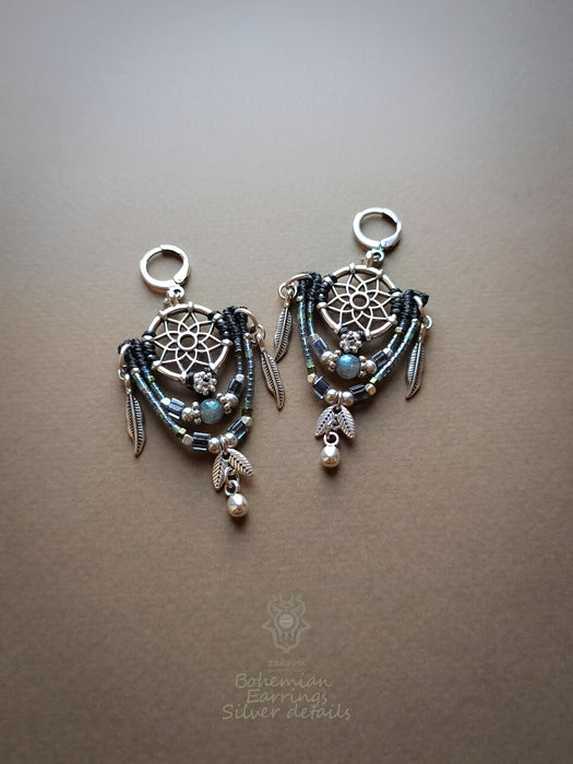 Bohemian earrings with Labradorite pearl & silver details, Dreamcatcher earrings