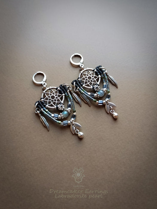 Bohemian earrings with Labradorite pearl & silver details, Dreamcatcher earrings