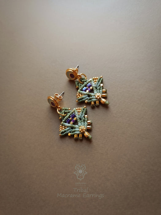 Macrame tribal earrings, Stud earrings with enamel