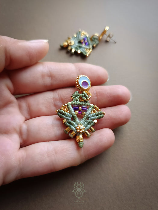 Macrame tribal earrings, Stud earrings with enamel