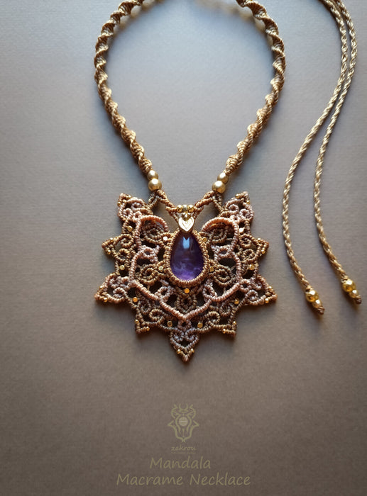 Mandala macrame pendant with Amethyst stone, Tribal macrame necklace