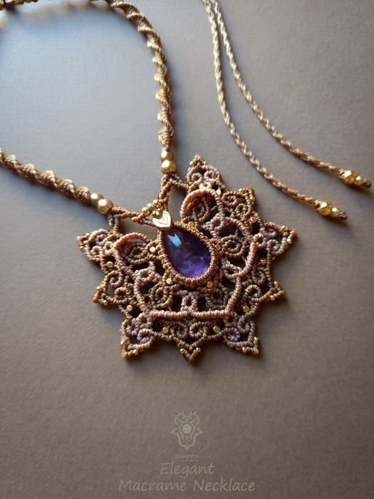 Mandala macrame pendant with Amethyst stone, Tribal macrame necklace