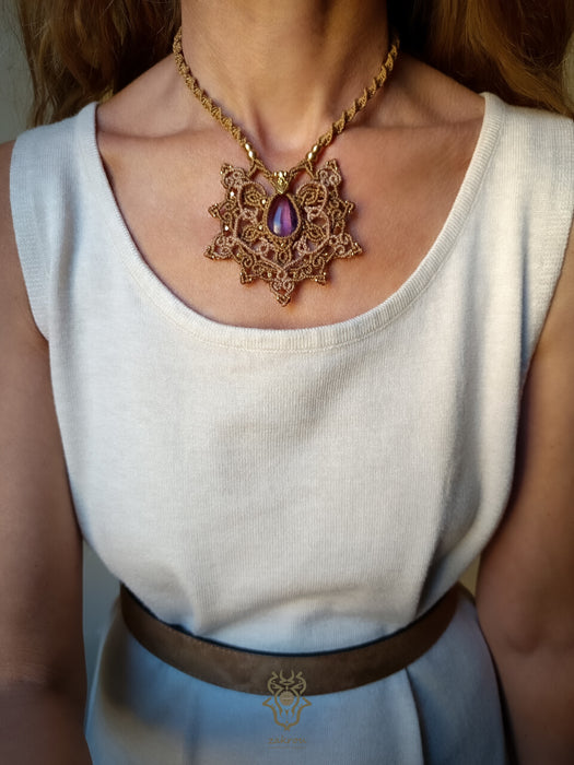 Mandala macrame pendant with Amethyst stone, Tribal macrame necklace
