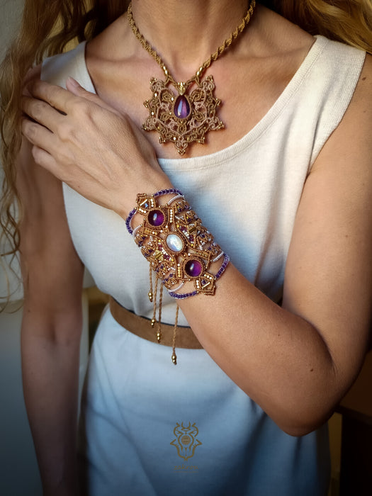 Mandala macrame pendant with Amethyst stone, Tribal macrame necklace